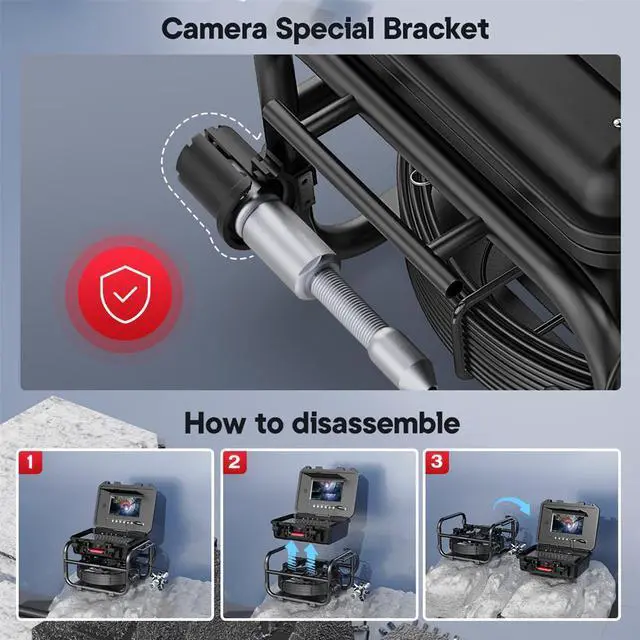 Alt view image 7 of 7 - VisiPower 9" Screen 360° Rotating Dual Lens Sewer Drain Pipe Endoscope Inspection Video Recording / Meter Counter / 5X Zoom 1080P 2MP Borescope Plumbing Cable Length 30m/98ft Camera Locator (Optional)