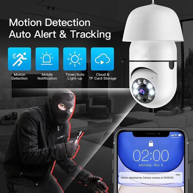 Alt view image 5 of 7 - 2MP Light Bulb Security Wireless 2.4GHz WiFi Camera Smart Home Surveillance Screw E27 Light Bulb Socket Spotlight Full Color Night Vision 2-Way Talk Motion Alarm 360° Lightbulb Indoor IP Cameras