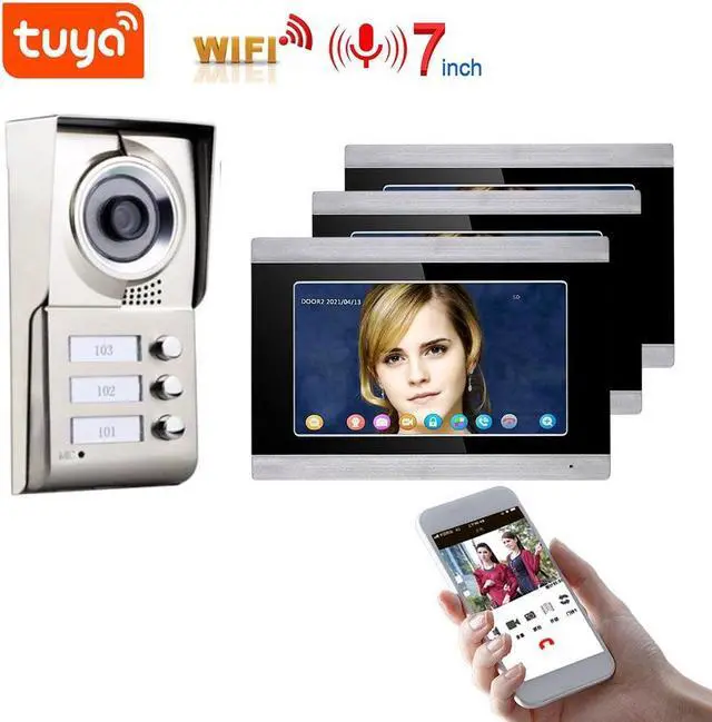 Main image of 7" HD Screen Wired WiFi Door Phone System Doorbell Home Apartment Video Intercom System, Remote Phone Tuya APP Control unlocking, Video Recording, 2-Way Audio, Motion Detection, 1 doorbell + 3 monitor