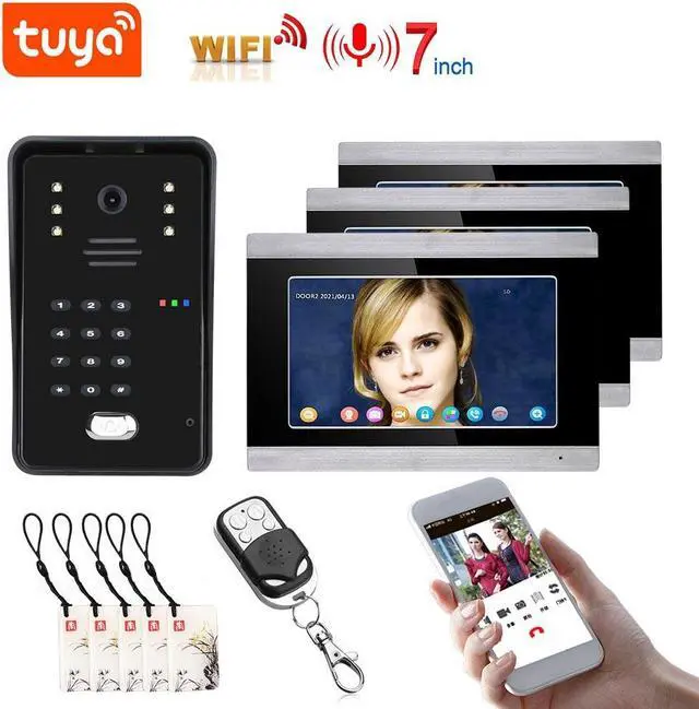 Main image of 7" HD Monitor Wired WiFi Door RFID System Doorbell Home Apartment Video Intercom System, Tuya APP Phone Remote Control Unlocking, Video Recording 2-Way Audio Motion Detection, 1 doorbell + 3 monitor