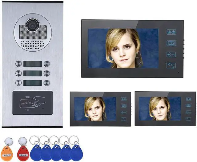 Main image of 3 Units Apartment Doorbell, 7" LCD Monitor Wired Door RFID Multi-family Doorbell Home Apartment Video Intercom System, 2-Way Audio for Home Apartment, Monitor Control Unlocking, 1 doorbell + 3 monitor
