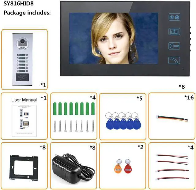 Alt view image 2 of 7 - 3 Units Apartment Doorbell, 7" LCD Monitor Wired Door RFID Multi-family Doorbell Home Apartment Video Intercom System, 2-Way Audio for Home Apartment, Monitor Control Unlocking,1 doorbell + 8 monitor