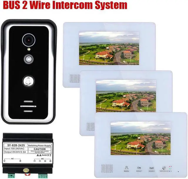 Main image of 7 Inch LCD display 2-Wire 2pin Wire Video Door Phone Intercom Home doorbell Systems with Power Supply Controller easy install Support Unlocking Night Vision for home Doorbell,1 doorbell + 3 monitor