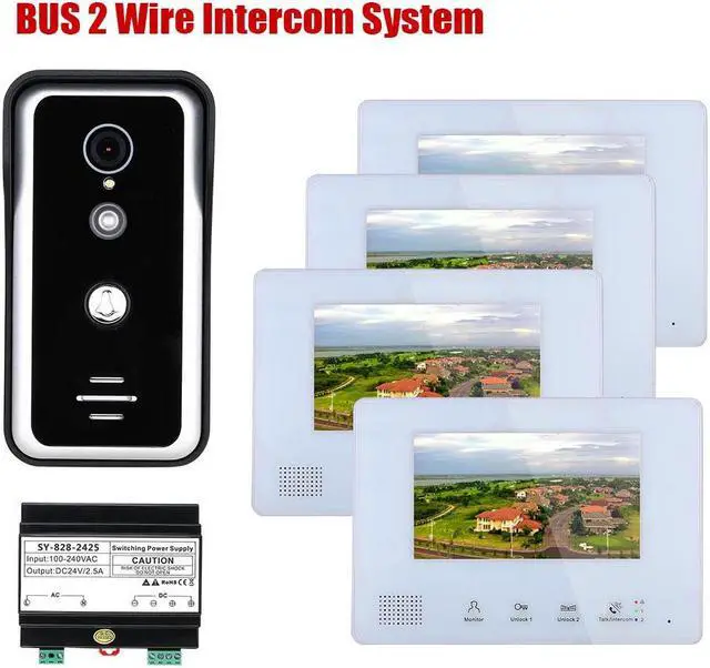 Main image of 7 Inch LCD display 2-Wire 2pin Wire Video Door Phone Intercom Home doorbell Systems with Power Supply Controller easy install Support Unlocking Night Vision for home Doorbell,1 doorbell + 4 monitor