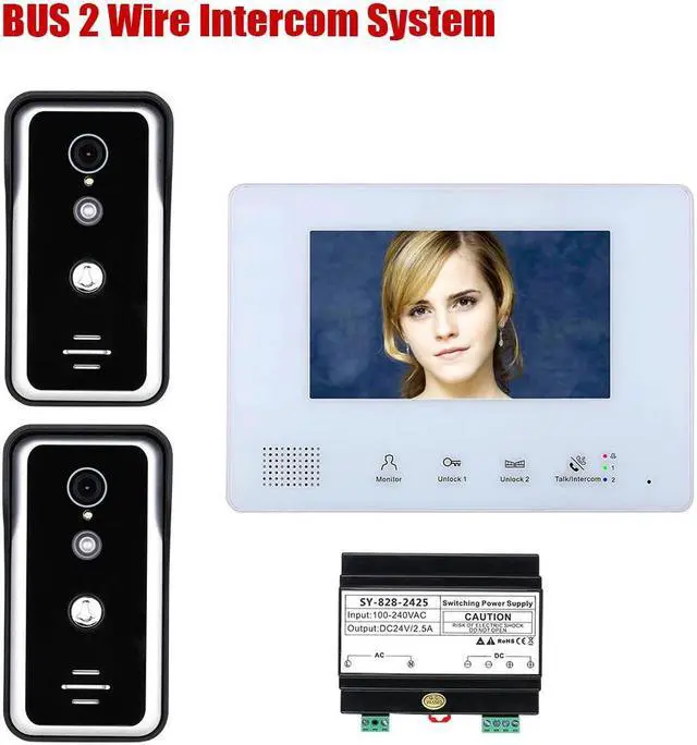 Main image of 7 Inch LCD display 2-Wire 2pin Wire Video Door Phone Intercom Home doorbell Systems with Power Supply Controller easy install Support Unlocking Night Vision for home Doorbell, 2 doorbell + 1 monitor