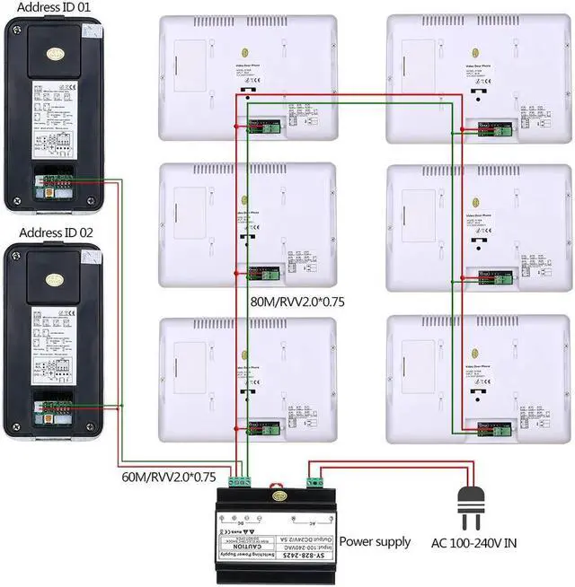 Alt view image 6 of 7 - 7 Inch LCD display 2-Wire 2pin Wire Video Door Phone Intercom Home doorbell Systems with Power Supply Controller easy install Support Unlocking Night Vision for home Doorbell,2 doorbell + 3 monitor