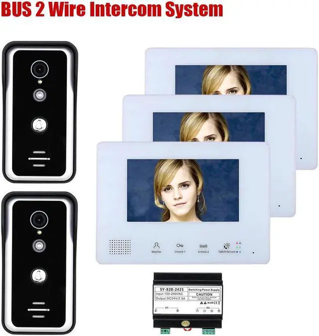 Main image of 7 Inch LCD display 2-Wire 2pin Wire Video Door Phone Intercom Home doorbell Systems with Power Supply Controller easy install Support Unlocking Night Vision for home Doorbell,2 doorbell + 3 monitor
