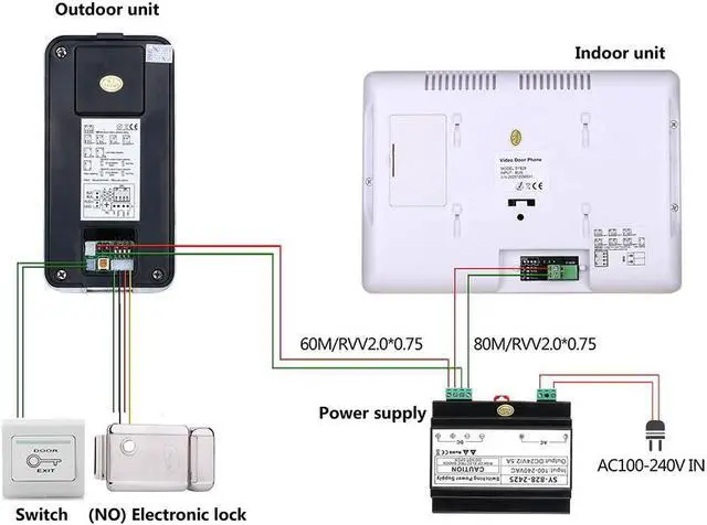 Alt view image 5 of 7 - 7 Inch LCD display 2-Wire 2pin Wire Video Door Phone Intercom Home doorbell Systems + Power Supply Controller + Electronic Door Lock + EXIT Switch for home Doorbell, 1 doorbell + 1 monitor