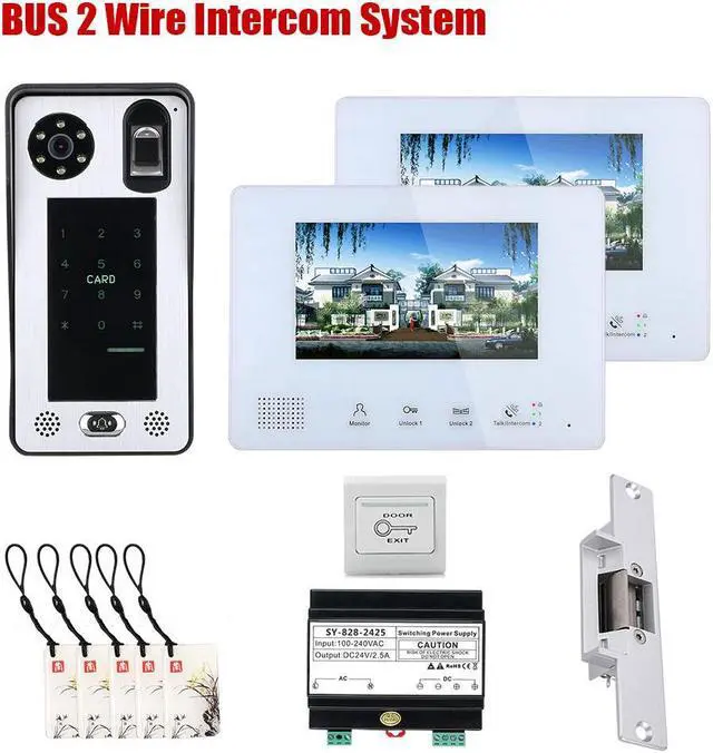 Main image of 7 Inch LCD display 2-Wire 2pin Wire Video Door Phone doorbell Home Intercom Systems, Power Supply Controller + NO Door Lock + EXIT Switch, fingerprint/IC cards/password unlock, 1 doorbell + 2 monitor