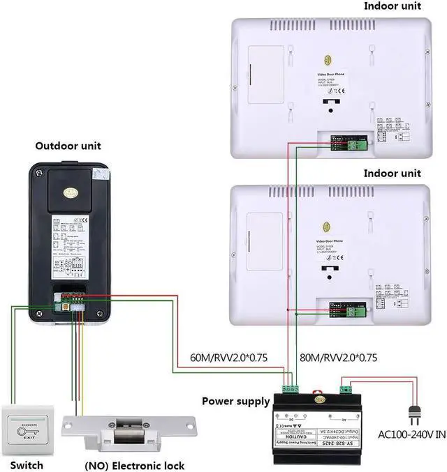 Alt view image 5 of 7 - 7 Inch LCD display 2-Wire 2pin Wire Video Door Phone doorbell Home Intercom Systems, Power Supply Controller + NO Door Lock + EXIT Switch, fingerprint/IC cards/password unlock, 1 doorbell + 2 monitor