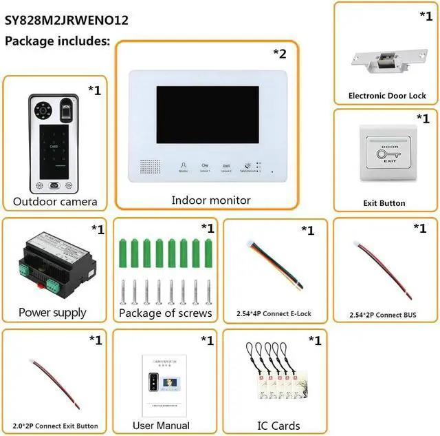 Alt view image 2 of 7 - 7 Inch LCD display 2-Wire 2pin Wire Video Door Phone doorbell Home Intercom Systems, Power Supply Controller + NO Door Lock + EXIT Switch, fingerprint/IC cards/password unlock, 1 doorbell + 2 monitor