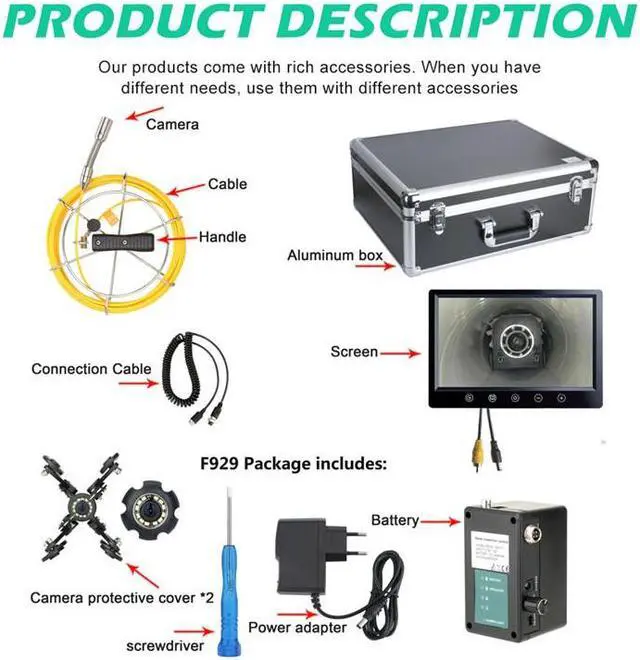 Alt view image 6 of 7 - Sewer Drain Pipe Pipeline Inspection Industrial Endoscope Camera with 9" Screen for home Blocked draining plumbing Industrial Endoscope Waterproof IP68,Cable length 50m/164ft
