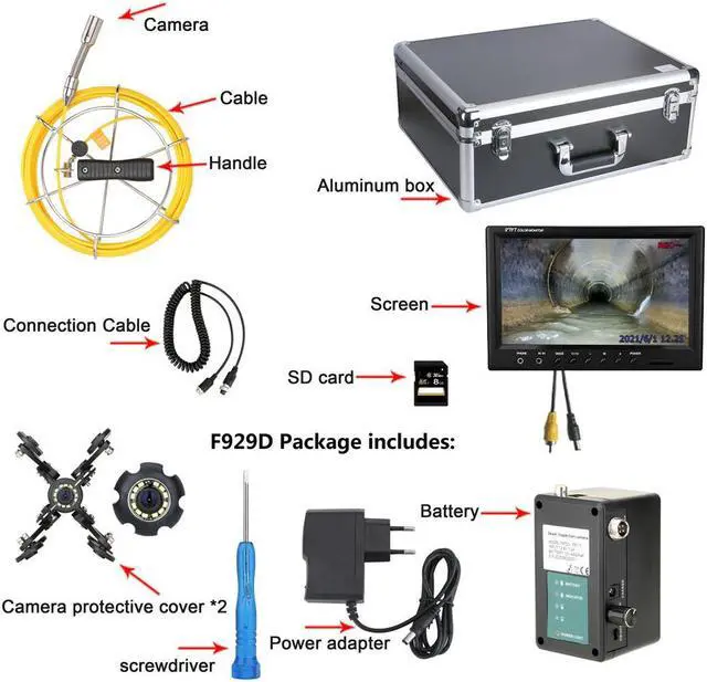 Alt view image 2 of 7 - visiPower Sewer Drain Pipe Pipeline Inspection Endoscope Camera + 9" Screen + Video Recording, for home Blocked draining plumbing Industrial Endoscope Waterproof IP68, Cable length 20m/65ft