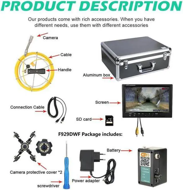 Alt view image 7 of 7 - VisiPower Sewer Drain Pipe Pipeline Inspection Wireless WiFi Camera + 9" Screen + Video Recording, for home Blocked draining plumbing Industrial Endoscope support Android/IOS, Cable length 20m/65ft