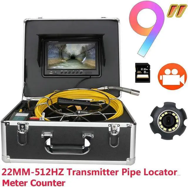 Main image of VisiPower Sewer Drain Pipe Pipeline Inspection Endoscope Camera + 9" Screen + Video Recording + Meter Counter, for home Blocked draining plumbing Endoscope Waterproof IP68, Cable length 20m/65ft