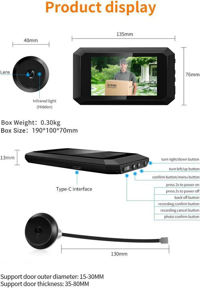 Alt view image 7 of 7 - VisiPower 2MP 3.97" HD Screen Smart Peephole Door Viewer Video Doorbell intercom built-in 1400mah lithium rechargeable Battery support 12 different language infrared night vision wide view angle 125°