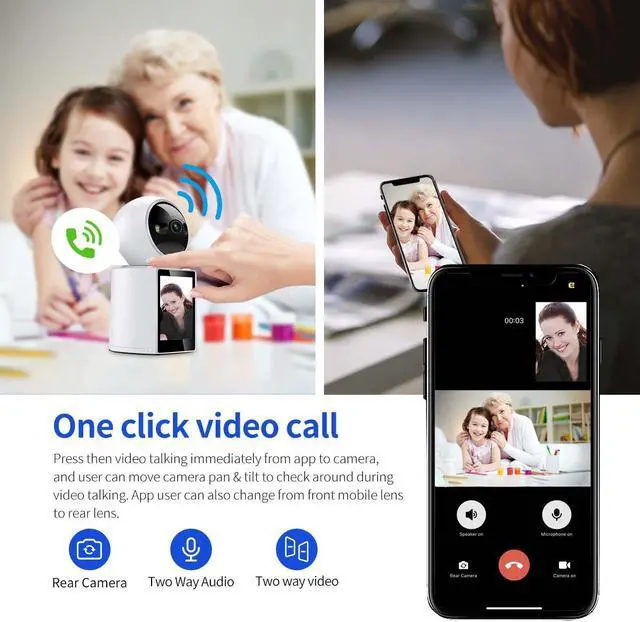 Alt view image 3 of 7 - VisiPower One click video call with 2.8" Screen 3MP indoor Visual smart WiFi camera humanoid detection audible alarm color night version Pan 355° Tilt 60° camera  Video Call 2-Way Audio indoor Camera