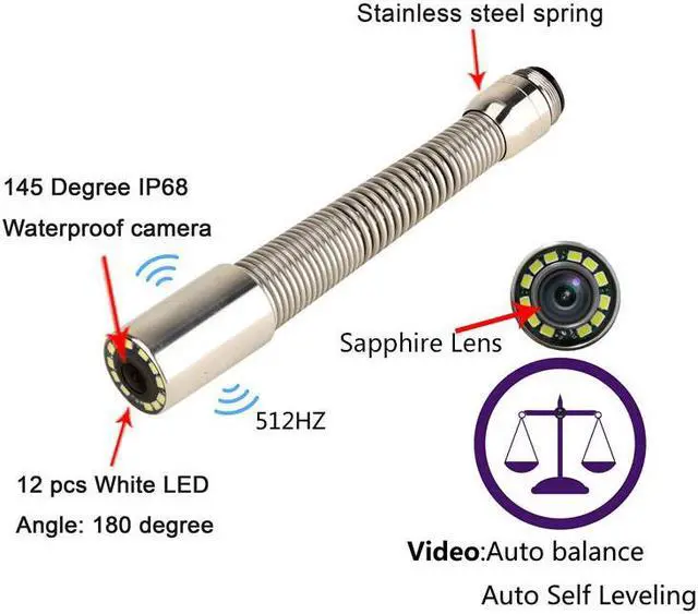 Alt view image 7 of 7 - visiPower 10" AHD 2MP Display Screen Pipe Sewer Drain Pipeline Inspection Video Camera Auto Self Leveling Video+Audio Recording 5X Image Enlarge Industrial Endoscope Borescope Cable Length 20m/65ft