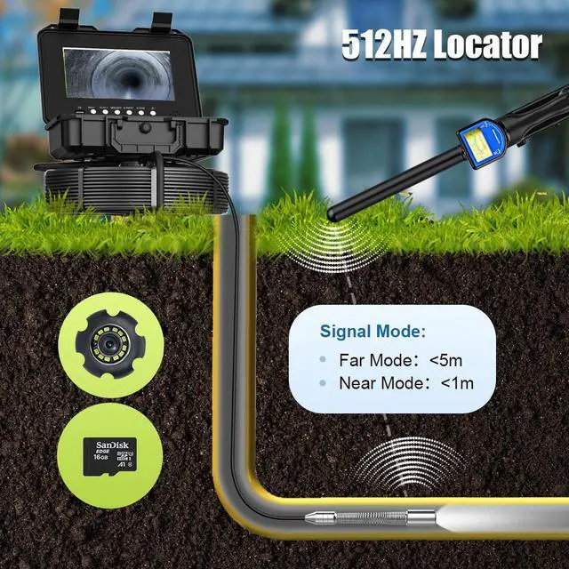 Alt view image 6 of 7 - visiPower 10" 2MP Screen Pipe Sewer Drain Pipeline Inspection Video Recording Meter Counter Keyboard Auto Self Leveling 512HZ TRANSMITTER Industrial Borescope lens dia 7mm, Cable Length 20m/65ft
