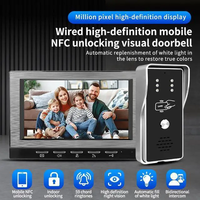 Alt view image 6 of 7 - VisiPower Black 7" Monitor Wired Multi Room Unlock Visual Intercom System Villa Apartment Doorbell with Night Vision and Mobile Phone NFC unlocking, 1* outdoor doorbell + 3* indoor monitor