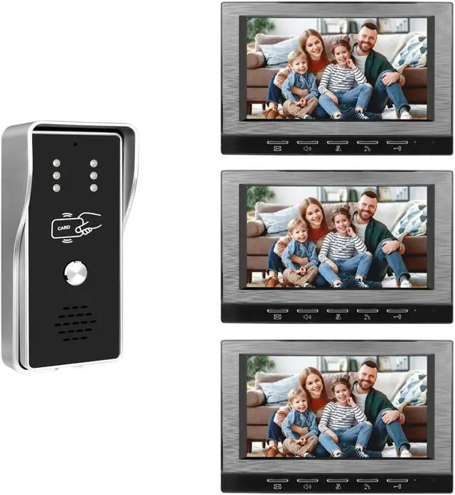 Main image of VisiPower Black 7" Monitor Wired Multi Room Unlock Visual Intercom System Villa Apartment Doorbell with Night Vision and Mobile Phone NFC unlocking, 1* outdoor doorbell + 3* indoor monitor