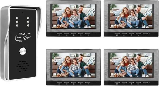 Main image of VisiPower Black 7" Monitor Wired Multi Room Unlock Visual Intercom System Villa Apartment Doorbell with Night Vision and Mobile Phone NFC unlocking, 1* outdoor doorbell + 4* indoor monitor