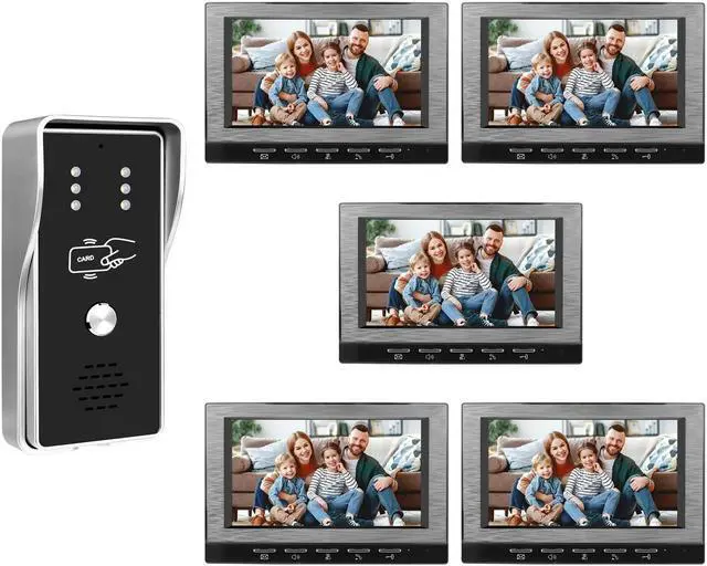 Main image of VisiPower Black 7" Monitor Wired Multi Room Unlock Visual Intercom System Villa Apartment Doorbell with Night Vision and Mobile Phone NFC unlocking, 1* outdoor doorbell + 5* indoor monitor