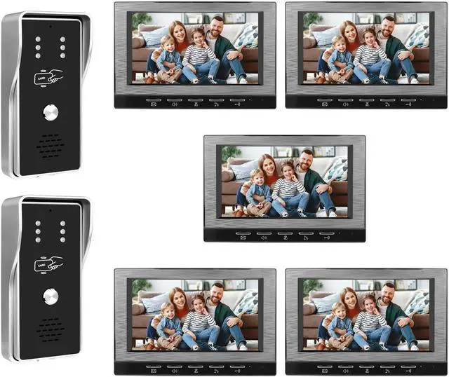 Main image of VisiPower Black 7" Monitor Wired Multi Room Unlock Visual Intercom System Villa Apartment Doorbell with Night Vision and Mobile Phone NFC unlocking, 2* outdoor doorbell+ 5* indoor monitor