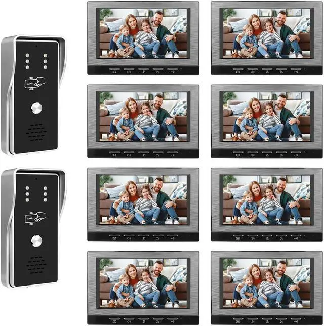 Main image of VisiPower Black 7" Monitor Wired Multi Room Unlock Visual Intercom System Villa Apartment Doorbell with Night Vision and Mobile Phone NFC unlocking, 2* outdoor doorbell+ 8* indoor monitor