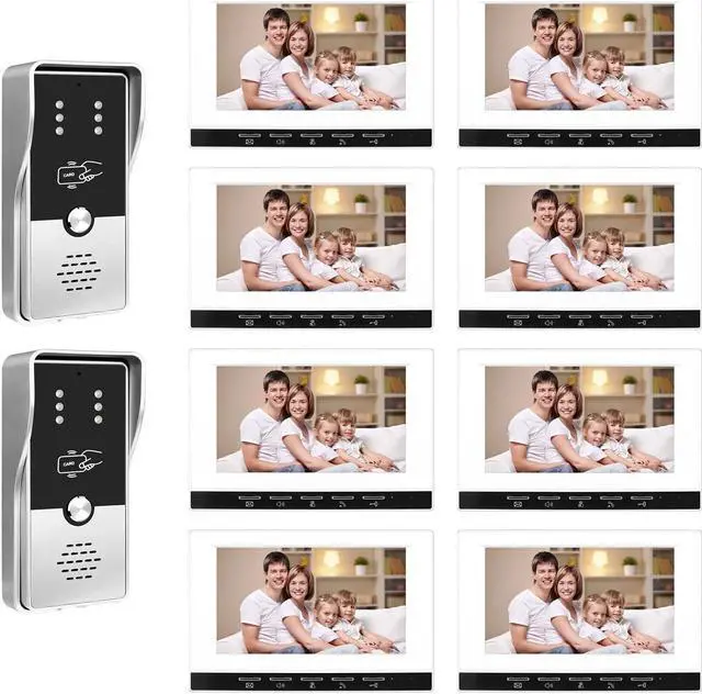 Main image of VisiPower White 7" Monitor Wired Multi Room Unlock Visual Intercom System Villa Apartment Doorbell with Night Vision and Mobile Phone NFC unlocking, 2* outdoor doorbell+ 8* indoor monitor