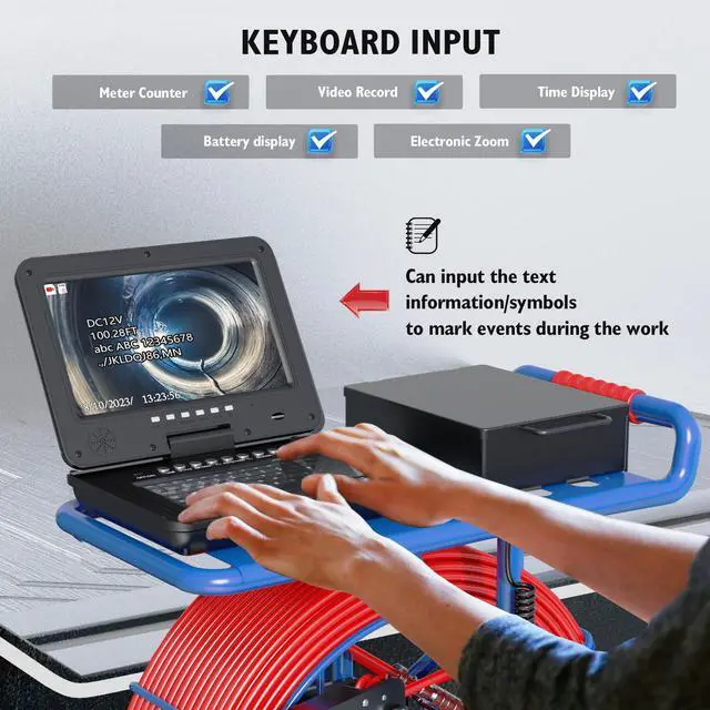 Alt view image 2 of 7 - VisiPower 2MP Sewer Pipe Camera 10" Screen + Video recording + Meter Counter + Auto Self-Leveling + 512HZ TRANSMITTER +Keyboard + Dia 9mm thick cable + Wheel Endoscope Borescope Cable Length 50m/164f