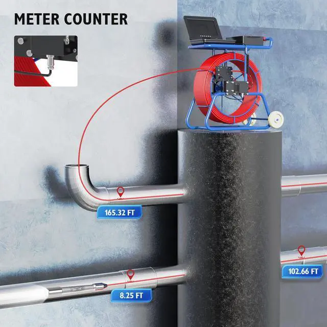 Alt view image 3 of 7 - VisiPower 2MP Sewer Pipe Camera 10" Screen + Video recording + Meter Counter + Auto Self-Leveling + 512HZ TRANSMITTER +Keyboard + Dia 9mm thick cable + Wheel Endoscope Borescope Cable Length 50m/164f
