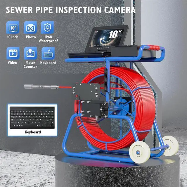 Main image of VisiPower 2MP Sewer Pipe Camera 10" Screen + Video recording + Meter Counter + Auto Self-Leveling + 512HZ TRANSMITTER +Keyboard + Dia 9mm thick cable + Wheel Endoscope Borescope Cable Length 50m/164f