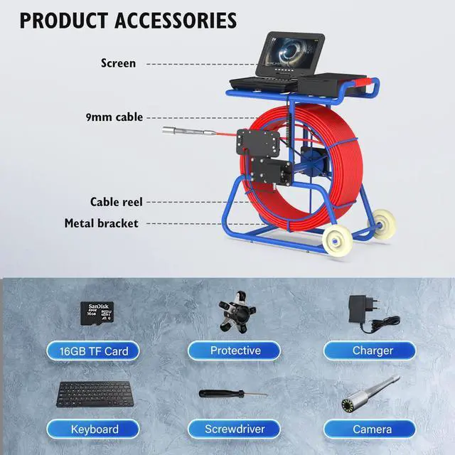 Alt view image 7 of 7 - VisiPower 2MP Sewer Pipe Camera 10" Screen + Video recording + Meter Counter + Auto Self-Leveling + 512HZ TRANSMITTER +Keyboard + Dia 9mm thick cable + Wheel Endoscope Borescope Cable Length 50m/164f