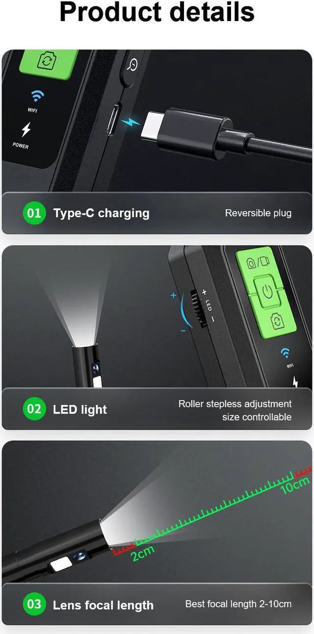 Alt view image 4 of 7 - VisiPower Car Repair Detection WIFI Industrial Endoscope with an HD 2k Pixels Camera can connect mobile phone take photos/video LED light can be adjust Borescope single lens 8mm Single lens_10m