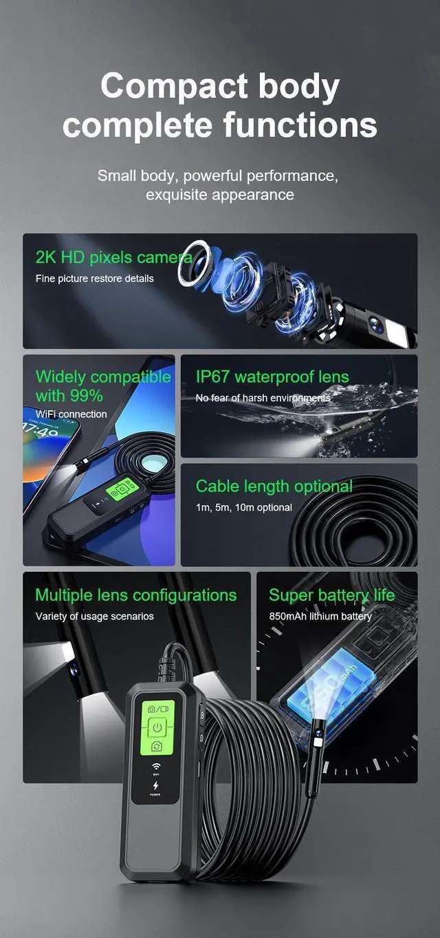 Alt view image 7 of 7 - VisiPower Car Repair Detection WIFI Industrial Endoscope with an HD 2k Pixels Camera can connect mobile phone take photos/video LED light can be adjust Borescope single lens 8mm Single lens_10m