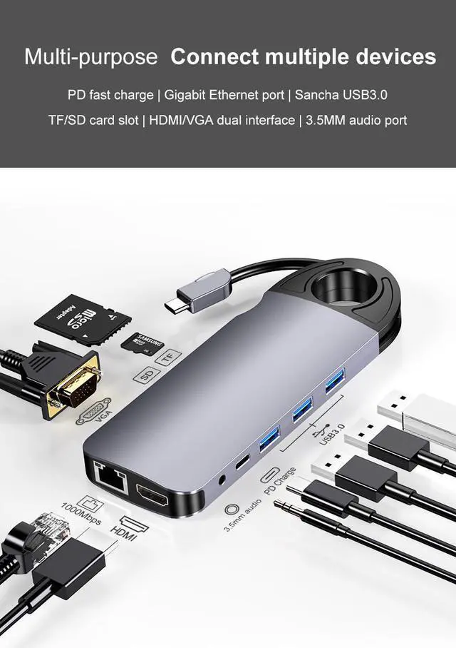 Alt view image 3 of 7 - VisiPower 10 in 1 Type-C to HDMI 4K@30Hz, VGA, USB 3.0*3 PD Charging, TF / SD Micro Card Reader, Gigabit RJ45 Port, 3.5mm Headphone Jack PC Mobile Phone Docking Station Extension Hub Converter Adaptor