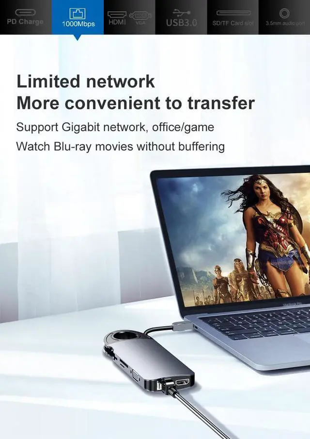 Alt view image 6 of 7 - VisiPower 10 in 1 Type-C to HDMI 4K@30Hz, VGA, USB 3.0*3 PD Charging, TF / SD Micro Card Reader, Gigabit RJ45 Port, 3.5mm Headphone Jack PC Mobile Phone Docking Station Extension Hub Converter Adaptor