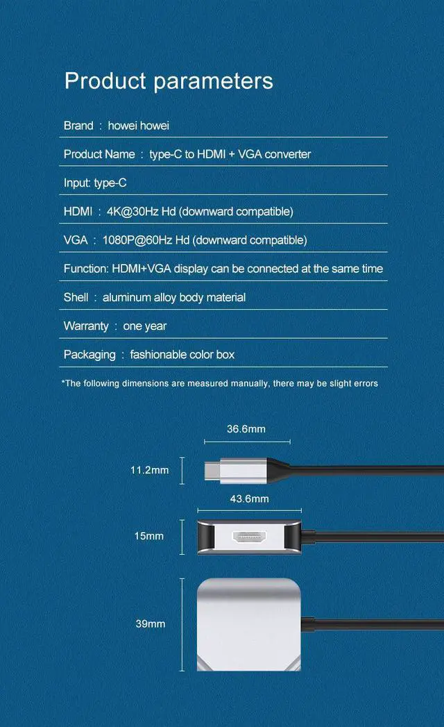 Alt view image 7 of 7 - VisiPower 2 In 1 Type-C / USB-C to HDMI 4K@30Hz & VGA Adapter Converter phone to HDTV + VGA,Type-C docking station to HDMI+VGA expansion Hub 4K laptop 2-in-1 Converter adapter cable