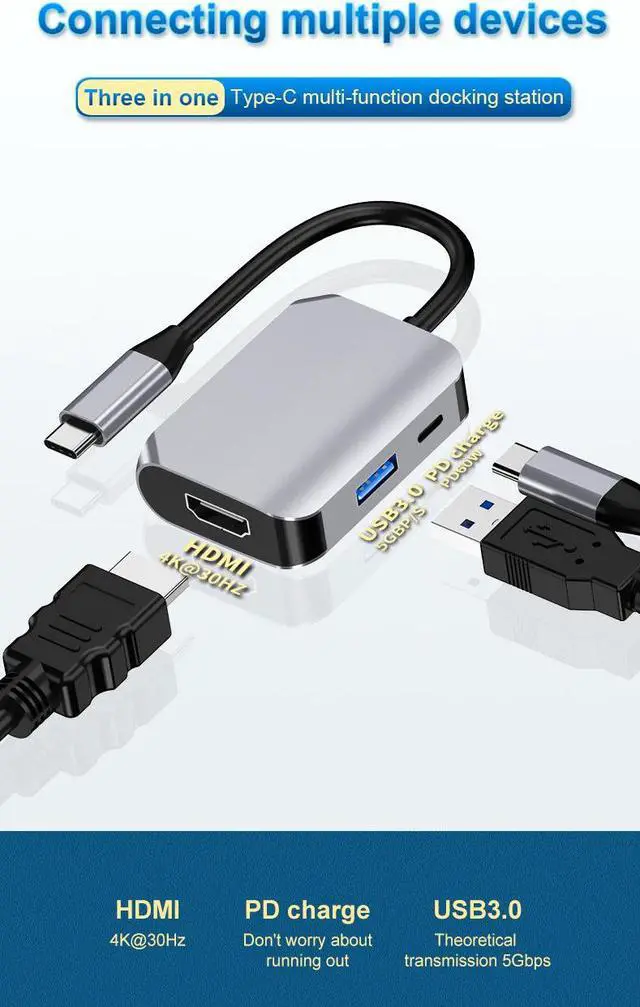 Alt view image 2 of 7 - VisiPower 3 In 1 Type-C / USB-C to HDMI 4K@30Hz & PD Charging & USB 3.0 Extension hub Adapter Converter, Type-C docking station to expansion Hub 4K laptop 3-in-1 wired same screen adapter cable