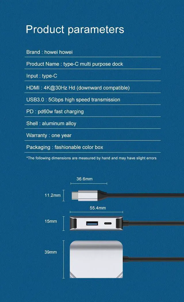 Alt view image 7 of 7 - VisiPower 3 In 1 Type-C / USB-C to HDMI 4K@30Hz & PD Charging & USB 3.0 Extension hub Adapter Converter, Type-C docking station to expansion Hub 4K laptop 3-in-1 wired same screen adapter cable