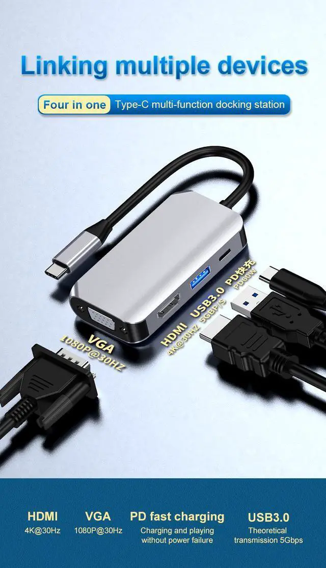 Alt view image 2 of 7 - VisiPower 4 in 1 Type-C  / USB-C to HDMI 4K@30Hz + PD Charging + USB 3.0 + VGA Extension Adapter Converter, PC Mobile Phone laptop 4-in-1 Docking Station Extension Hub Converter Adaptor Cable