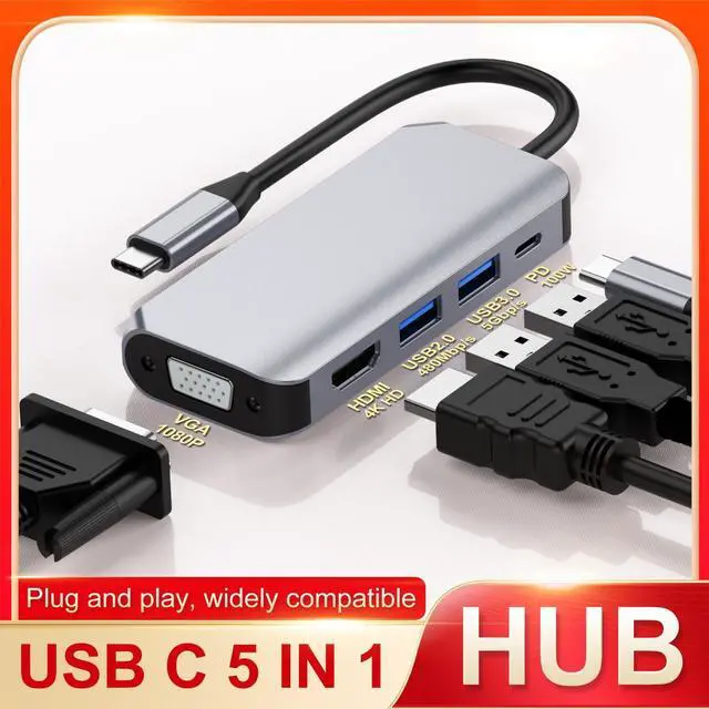 Alt view image 2 of 7 - VisiPower 5 in 1 Type-C  / USB-C to HDMI 4K@30Hz + PD Charging + USB 3.0 + USB 2.0+ VGA Extension Adapter Converter, PC Mobile Phone laptop 5-in-1 Docking Station Extension Hub Converter Adaptor Cable