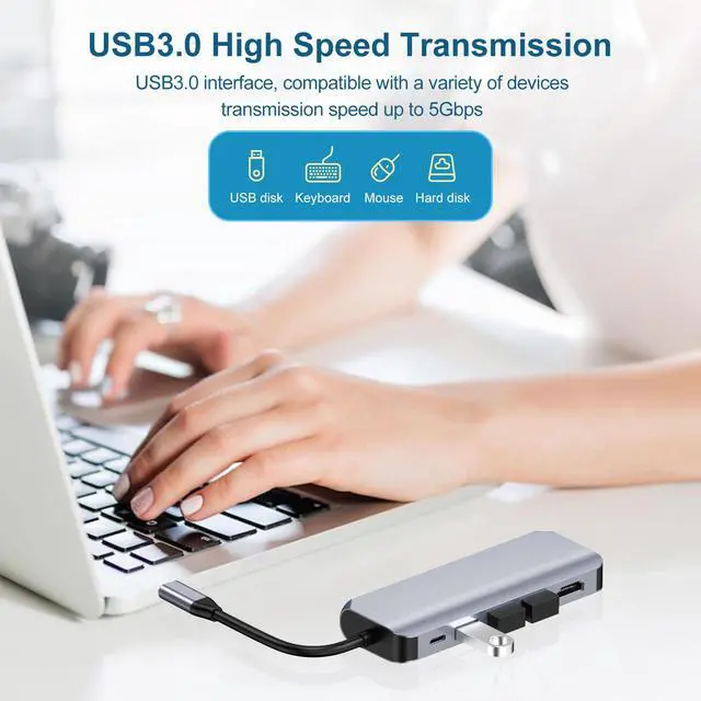 Alt view image 3 of 7 - VisiPower 6 in 1 Type-C /USB-C to HDMI 4K@30Hz + PD Charging + USB 3.0*1 + USB 2.0*2 + VGA Extension Adapter Converter PC Mobile Phone laptop 6-in-1 Docking Station Extension Hub Converter Cable