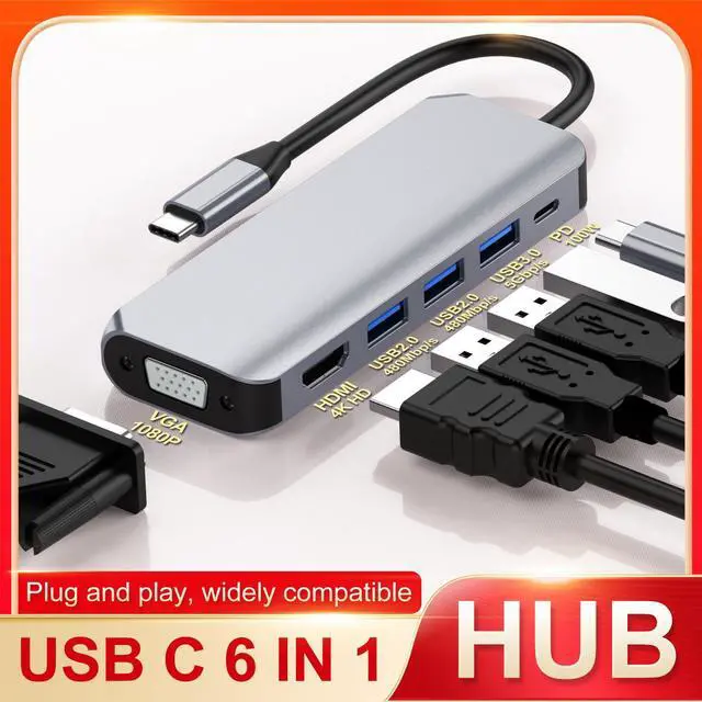 Alt view image 2 of 7 - VisiPower 6 in 1 Type-C /USB-C to HDMI 4K@30Hz + PD Charging + USB 3.0*1 + USB 2.0*2 + VGA Extension Adapter Converter PC Mobile Phone laptop 6-in-1 Docking Station Extension Hub Converter Cable