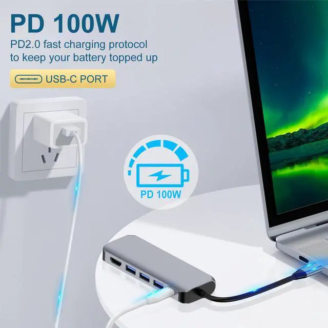 Alt view image 4 of 7 - VisiPower 6 in 1 Type-C /USB-C to HDMI 4K@30Hz + PD Charging + USB 3.0*1 + USB 2.0*2 + VGA Extension Adapter Converter PC Mobile Phone laptop 6-in-1 Docking Station Extension Hub Converter Cable