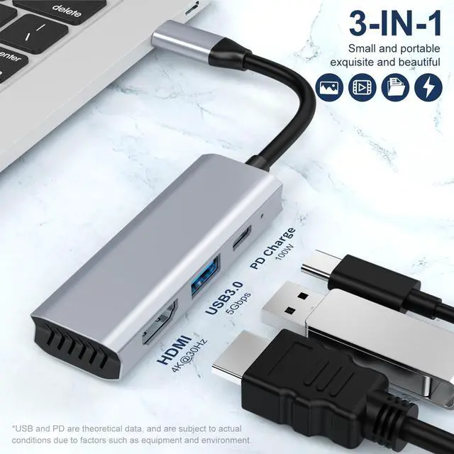 Alt view image 3 of 7 - VisiPower 3 In 1 Type-C / USB-C to HDMI 4K@30Hz & PD Charging & USB 3.0 Extension hub Adapter Converter, Type-C docking station to expansion Hub 4K laptop 3-in-1 wired same screen adapter cable