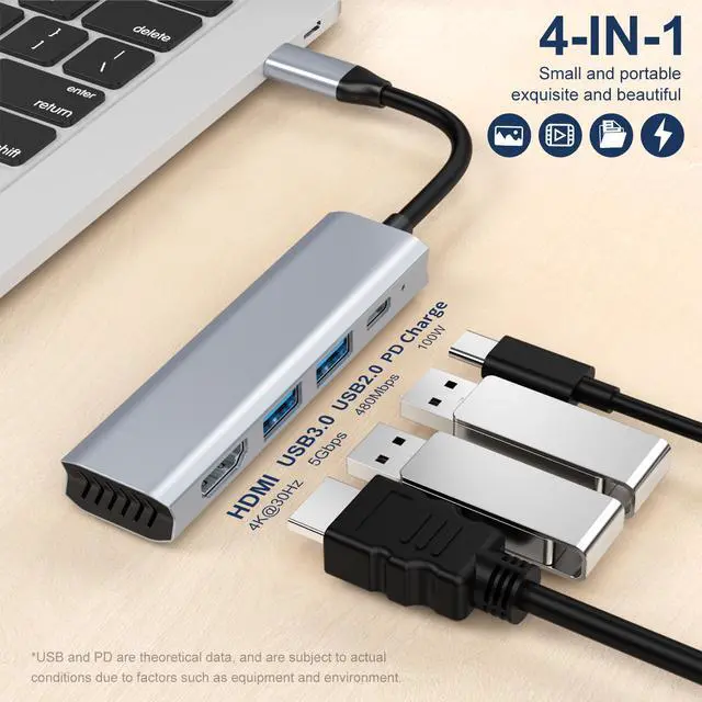 Alt view image 3 of 7 - VisiPower 4 in 1 Type-C  / USB-C to HDMI 4K@30Hz + PD Charging + USB 3.0 + USB 2.0 Extension Adapter Converter, PC Mobile Phone laptop 4-in-1 Docking Station USB Extension Hub Converter Adaptor Cable