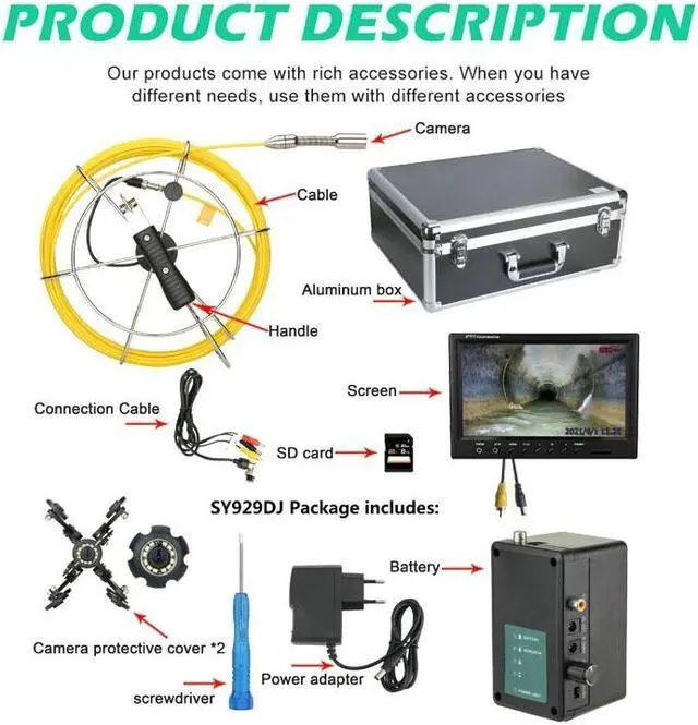 Alt view image 14 of 14 - VisiPower Sewer Pipe Drain Pipe Pipeline Inspection Camera Industrial Endoscope System 9" display, Meter Counter, IP68 12PCS LED Lights for home Blocked draining plumbing Cable length 50m/164ft