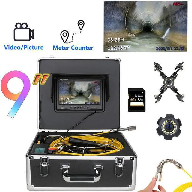 Alt view image 8 of 14 - VisiPower Sewer Pipe Drain Pipe Pipeline Inspection Camera Industrial Endoscope System 9" display, Meter Counter, IP68 12PCS LED Lights for home Blocked draining plumbing Cable length 50m/164ft
